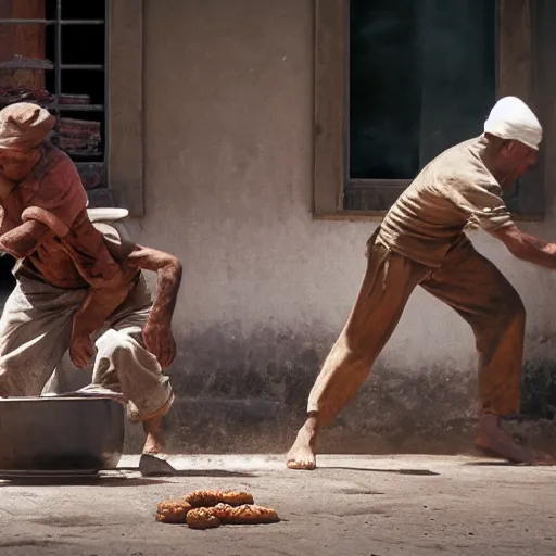 Image similar to bakers fighting escaping bread, by Steve McCurry and David Lazar, natural light, detailed face, CANON Eos C300, ƒ1.8, 35mm, 8K, medium-format print