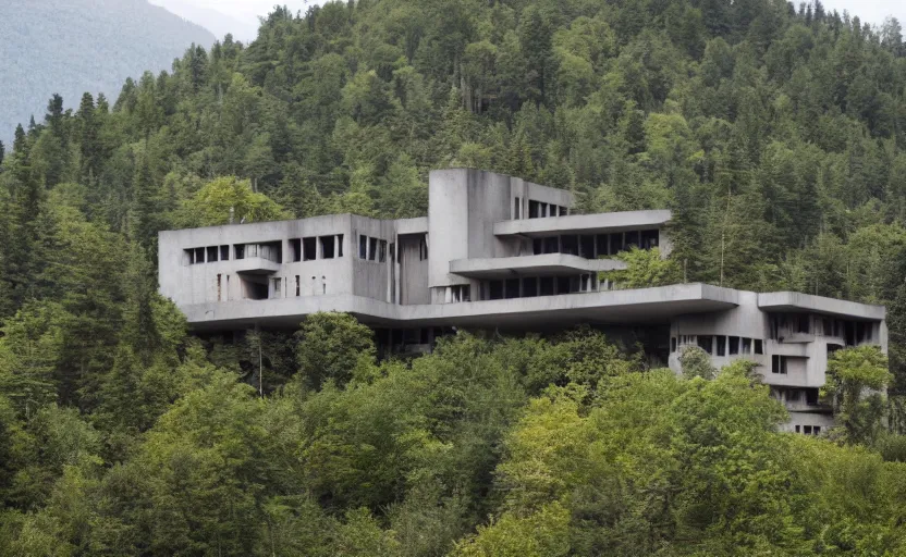 Prompt: horrific brutalist house on a secluded mountain with trees around