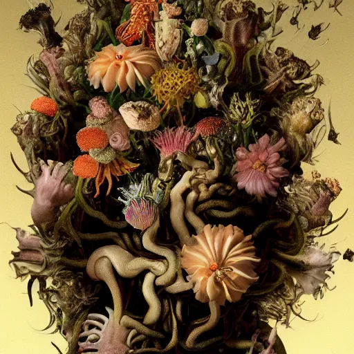Prompt: disgusting disturbing dutch golden age bizarre mutant flower floral still life with many human toes realistic human toes blossoming everywhere insects very detailed fungus tumor disturbing tendrils bizarre slimy forms sprouting up everywhere by rachel ruysch christian rex van minnen black background chiaroscuro dramatic lighting perfect composition high definition 8 k 1 0 8 0 p