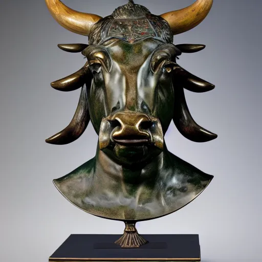 Prompt: professional color photograph of a patinated bronze bust of an angry water buffalo, Troigne view supported by a bronze plinth, by FREDERIC REMINGTON