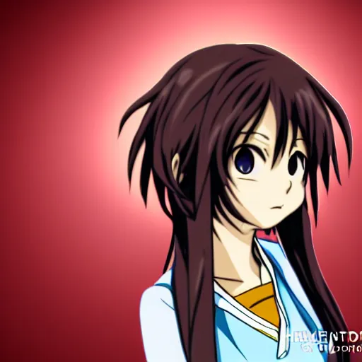 Image similar to professional portrait photograph, realistic photo of haruhi suzumiya from anime the melancholy of haruhi suzumiya.