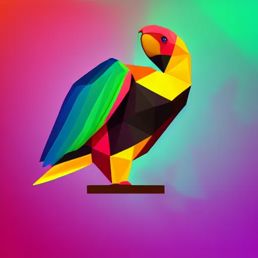 Image similar to isometric vector low poly rainbow parrot icon, black background, cgsociety, volumetric lighting, artstationhq