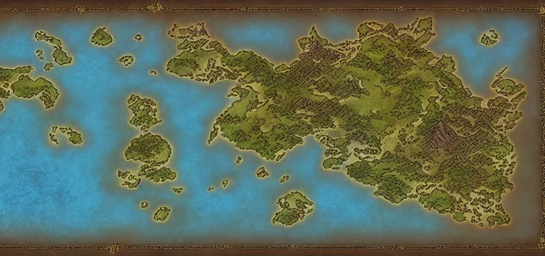 Image similar to fantasy world atlas in the style of a world of warcraft world map, 7 0 % ocean, extremely detailed, fantasy, no text, 4 k