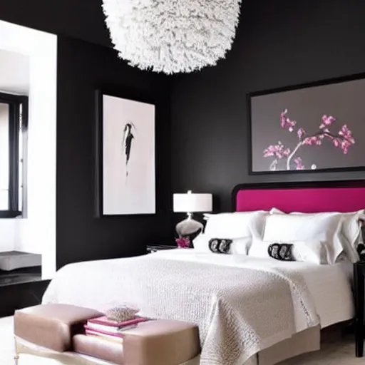 Image similar to stylish luxury hotel bedroom design, feminine, black walls, Japanese influences