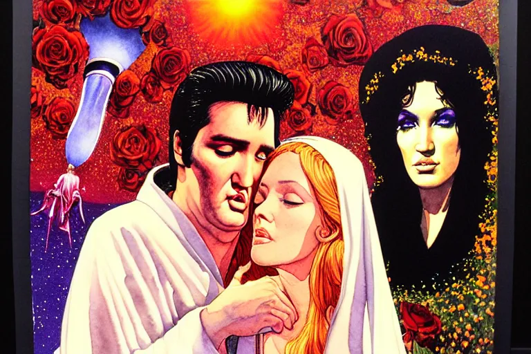 Image similar to a hyperrealist watercolour character concept art portrait of the virgin mary and elvis on well lit night in las vegas, nevada. there is a ufo. roses adorn. by rebecca guay, michael kaluta, charles vess and jean moebius giraud