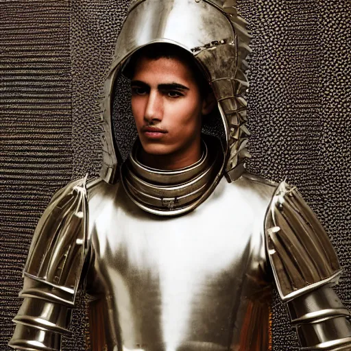 Image similar to a portrait of a beautiful young moroccan male wearing an alexander mcqueen armor made of carbon , photographed by andrew thomas huang, artistic