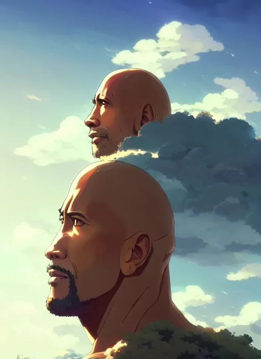 Image similar to portrait of dwayne rock johnson, cloudy sky background lush landscape illustration concept art anime key visual trending pixiv fanbox by wlop and greg rutkowski and makoto shinkai and studio ghibli