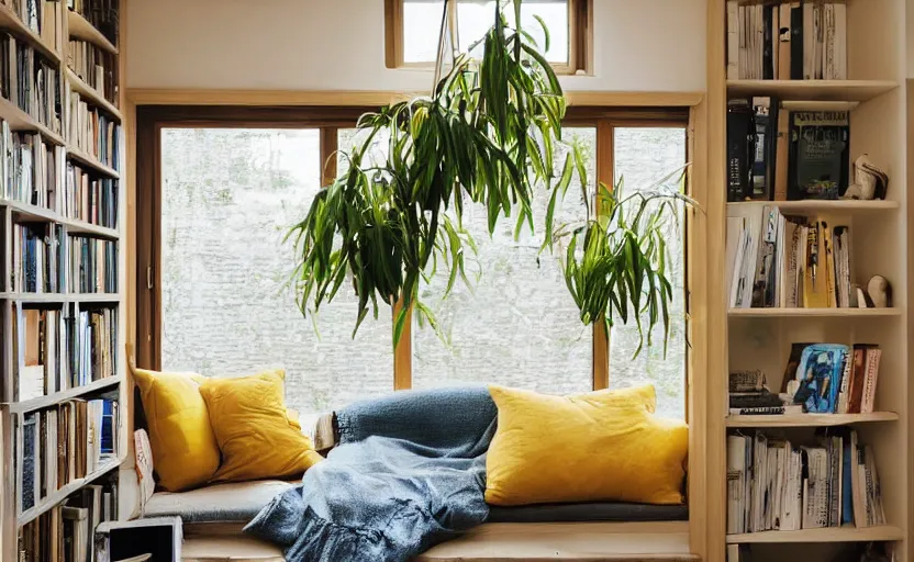 Image similar to interior design magazine photo of a big window with a wooden frame to sit on, some sandy yellow pillows, there are some books on a small integrated shelf, hanging plants, great architecture, ambient light, 8k