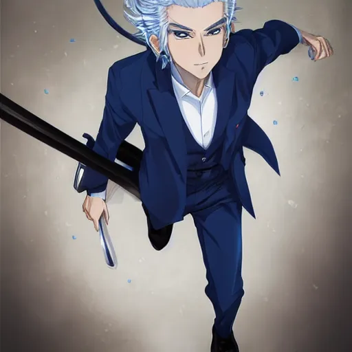 Prompt: semi realistic anime illustration of short slick backed white haired man, wearing dark blue suit, clutching katana, with beautiful hyperdetailed sky blue eyes, facing camera directly, full body shot, full face portrait made by Stanley Artgerm, WLOP, Rossdraws, James Jean Andrei Riabovitchev, Marc Simonetti, Yoshitaka Amano, Artstation