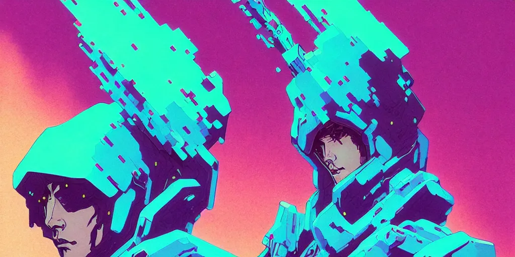 Prompt: a close - up grainy, risograph photo, hyper light drifter, a big porcelain glossy eva 0 0 1 - like head, with long hair, floating above the sharp peaks weapons, style by moebius and kim jung gi