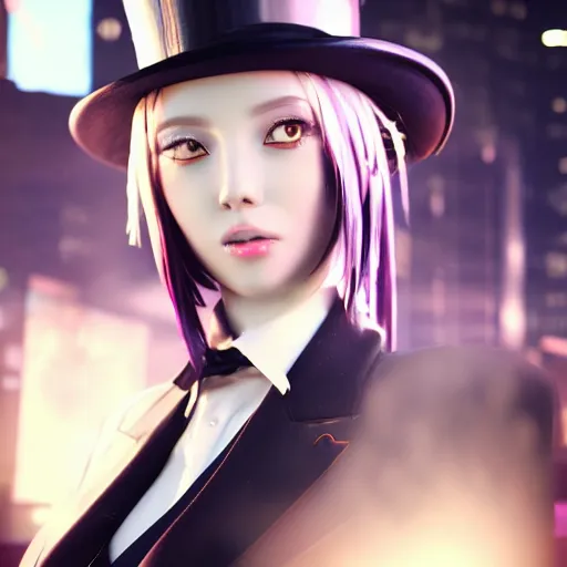 Prompt: beautiful anime woman, pinstripe suit, top hat, cyberpunk background, rendered in octane, unreal engine, raining, highly detailed, trending on artstation