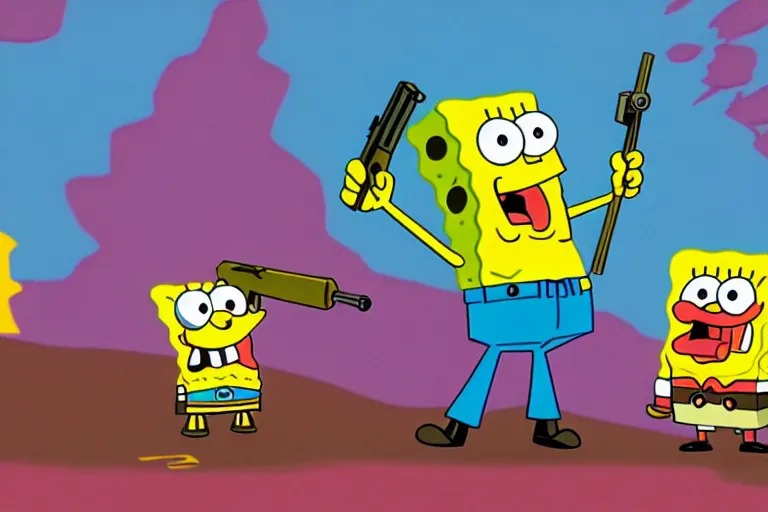 Image similar to spongebob holding a shotgun