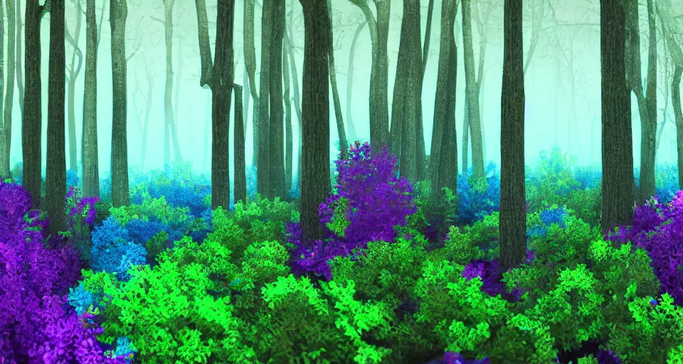 Image similar to 3d Render of blue green red and purple deep sea forest, grainy, noisy