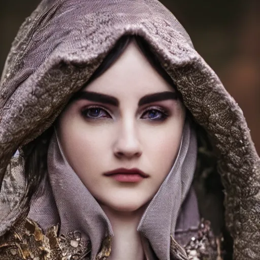 Image similar to medieval fashion model close up looking into lens 1 5 0 mm wearing clothes of the era