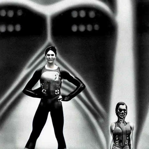Image similar to Trinity the matrix, Female sprinter in athletic attire with cyborg legs, metal body, diesel punk, athletic footage, 1960's olympics, cinematic, art deco stadium