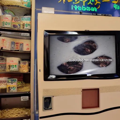 Prompt: old tv displays a bathtub filled with ramen sold on tv shop