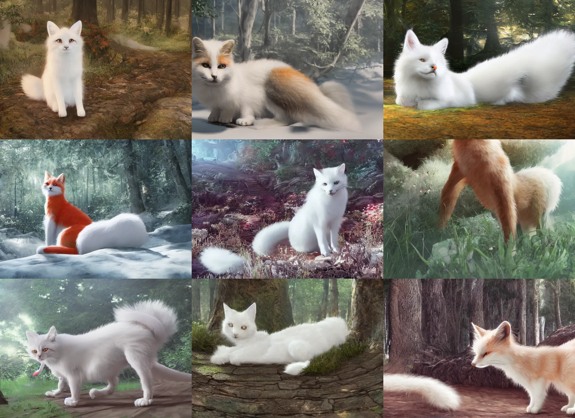 Prompt: white cat with fluffy red tail like fox tail lying at sunny forest, high detailed, hyper realistic, octane engine, anime illustration, ray tracing