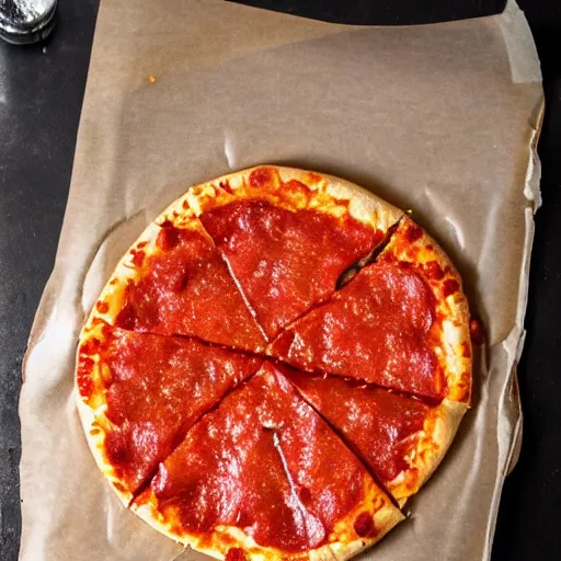 Prompt: Freshly baked Pepperoni Pizza with ketchup.