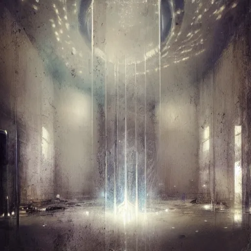 Prompt: a futuristic spaceport by cy Twombly and BASTIEN LECOUFFE DEHARME, silver White and gold, iridescent, volumetric lighting