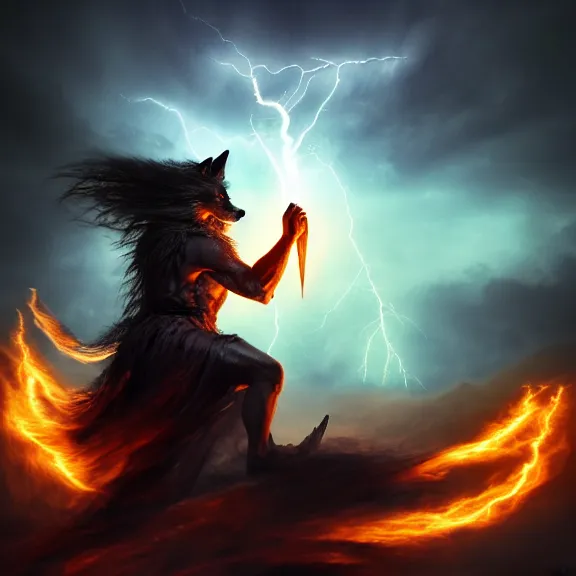 Prompt: magic humanoid strong wolf sorcerer casting a powerful arcane magic spell, fire, ice, lightning, fantasy, occult, majestic pose, dramatic lighting, cinematic scene, frank frazetta, visually stunning, sharp focus, highly detailed, colorful, trending on artstation, unreal engine, octane render, cgsociety, artgerm, award - winning
