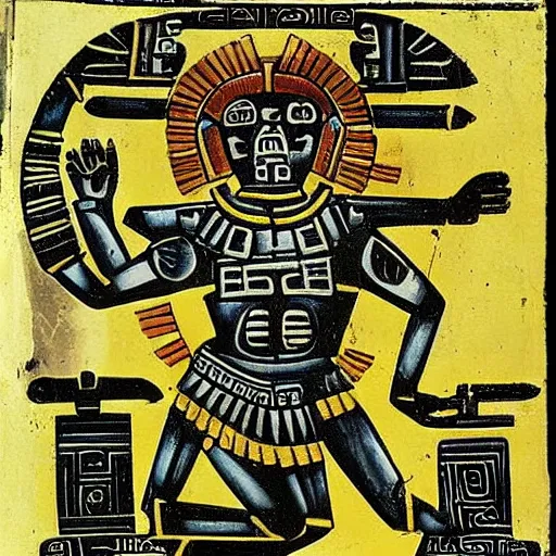 Prompt: the aztec god tezcatlipoca from the codex borgia, casting a spell into a mirror of obsidian