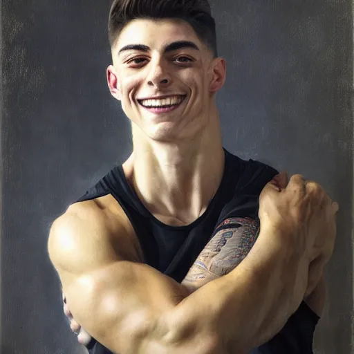 Prompt: muscular smiling kai havertz by ruan jia, portrait