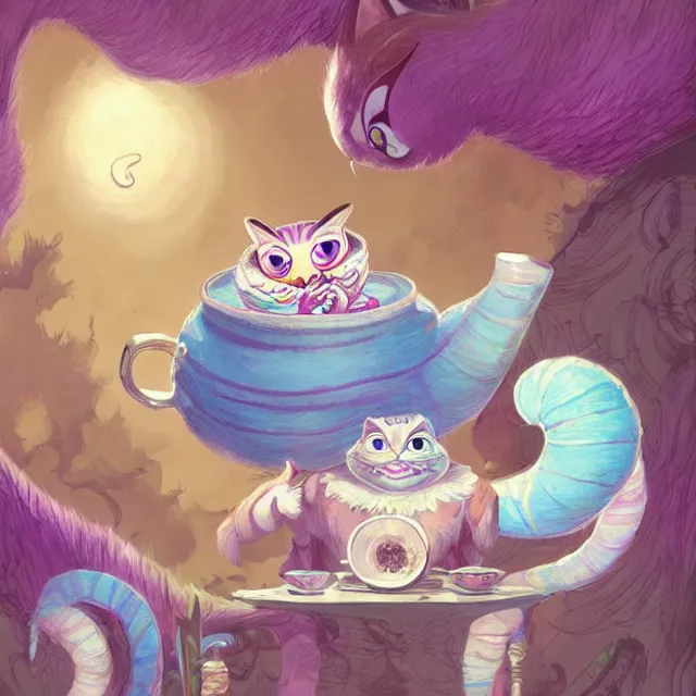 Image similar to cheshire cat drinking tea, by cory loftis, character art, art, very coherent, plain background, lighthearted, soft painting