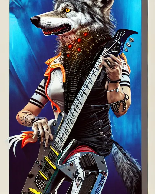 Prompt: a portrait of an anthropomorphic cyberpunk wolf shredding an electric guitar by sandra chevrier, by jon foster, detailed render, tape deck, epic composition, cybernetics, 4 k realistic, cryengine, realistic shaded lighting, sharp focus, masterpiece, by enki bilal