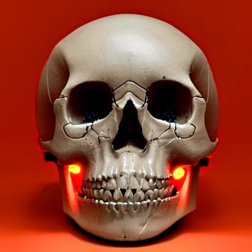 Prompt: real human skull with robotic circular orange light electronic eyes in eye sockets