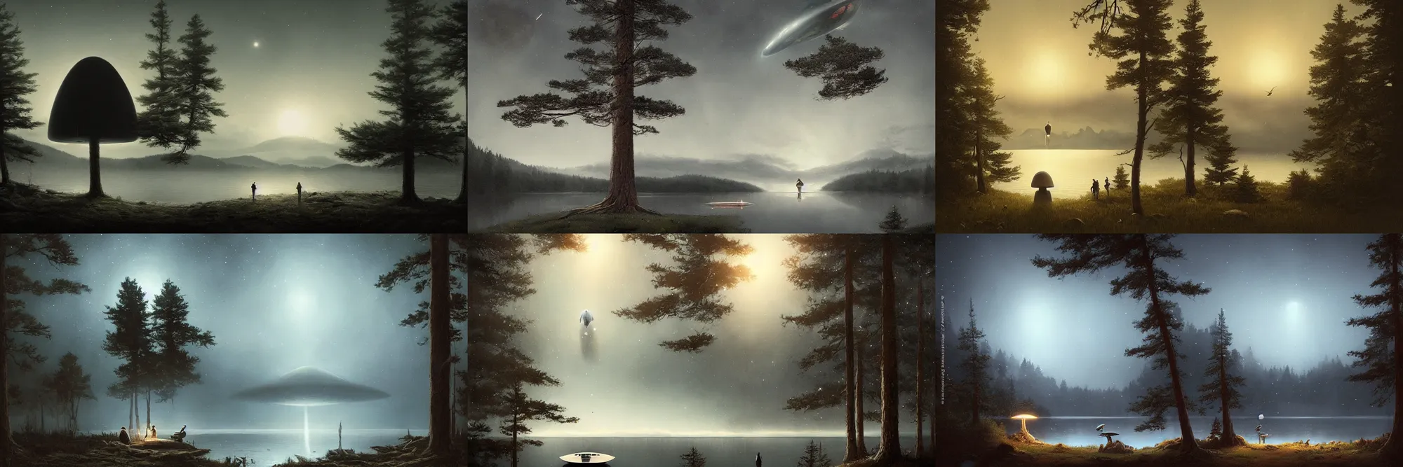 Prompt: Far away giant UFO emerging from the sky over a lake with pine trees by Greg Rutkowski, dark, night