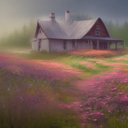 Prompt: a matte painting of a prairie, close up cottage, foggy, patchy flowers, oil painting, pale colors, high detail, 8 k, wide angle, trending on artstation,