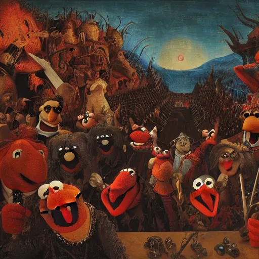 Image similar to muppets in dante's inferno with trumpeters and demons, intricate detail, hieronymous bosch, whealan, hd, unreal engine