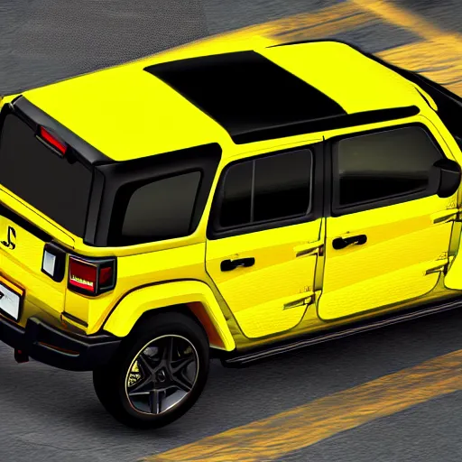 Prompt: yellow jeep wrangler and mercedes cla 4 5 amg gta 5 style digital art