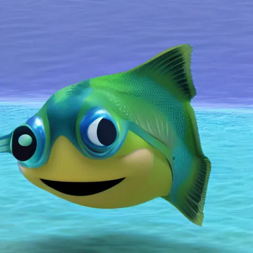 Image similar to a 3d render of a fish underwater that is looking a boat , in the style of a pixar cartoon, disney cartoon