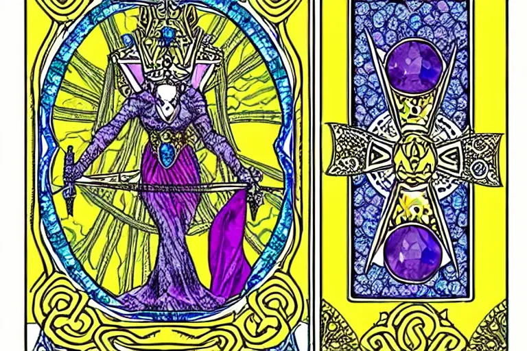 Image similar to tarot card designs featuring magic gemstones, ornate pattern borders