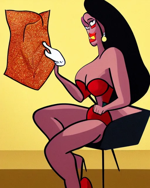 Image similar to Jessica Rabbit eating a bag of Doritos, sitting on a chair, stylized oil painting, traditional animation portrait