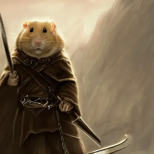 Image similar to lord of the rings warrior hamster concept art, 4 k, 8 k, trending on artstation, cgsociety, in the style of greg rutkowski, wlop,