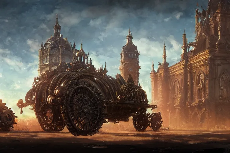 Image similar to an ornate baroque church with tank chains, mortal engines, scene in an open field. key visual, conceptart, ambient lighting, highly detailed, digital painting, artstation, concept art, sharp focus, by makoto shinkai and akihiko yoshida and greg manchess