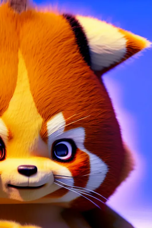 Image similar to high quality 3 d render close - up of very cute red panda & cat hybrid, vray, detective pikachu, very dramatic light, low angle uhd 8 k, shallow depth or field