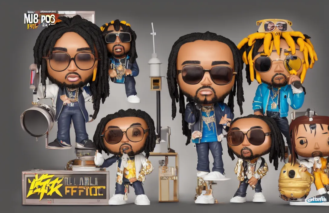 Image similar to three funko pops of rap trio migos members quavo, offset and takeoff, product shot, macro, hyper realistic, octane render, unreal engine, 4 k, 8 k