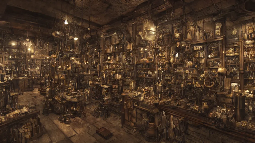 Prompt: A steampunk store, by Lee Fitzgerald, ultra detailed displays of weapons and clockwork machinations densely packed on shelves, volumetric lighting, 8k, unreal engine, trending on artstation