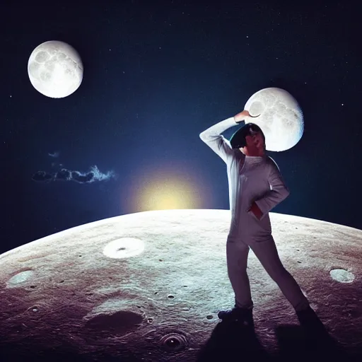 Prompt: a realistic matte painting of a dj scratching on the moon, detailed, 8 k,