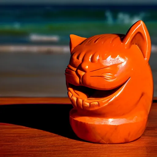 Image similar to a closeup photorealistic photograph of a glossy orange cat garfield style tiki mug sitting at a trader vic's beach bar featuring garfield's face. tiki theme. bright scene. fine detail. this 4 k hd image is trending on artstation, featured on behance, well - rendered, extra crisp, features intricate detail, epic composition and the style of unreal engine.