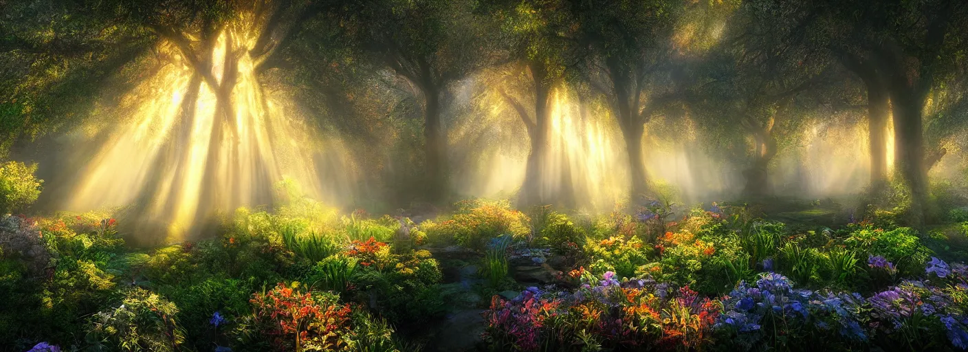 Image similar to photograph of enchanted garden, mist with rays of light by marc adamus, highly detailed, intricate detail, cinematic lighting