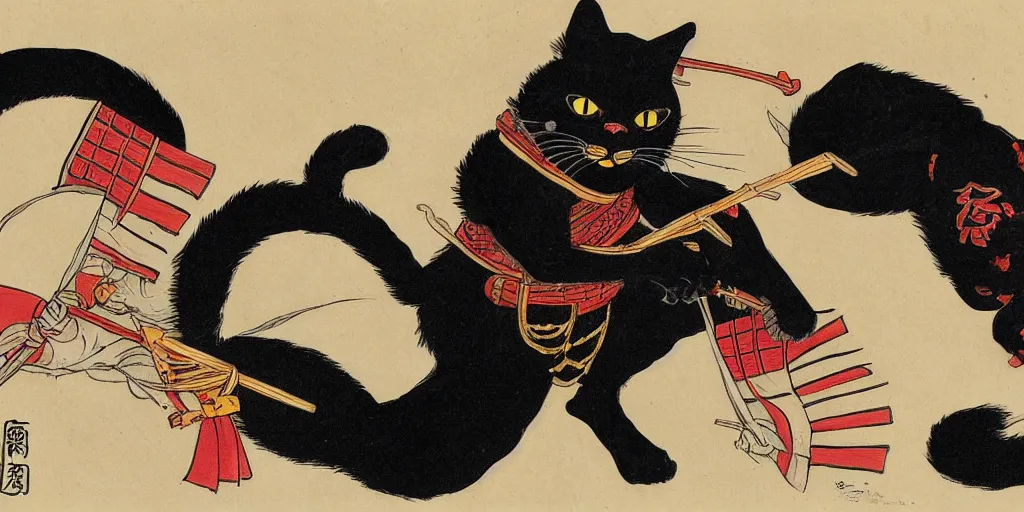 Prompt: an anamorphic black cat dressed as a samurai. rising sun, highly detailed illustration.