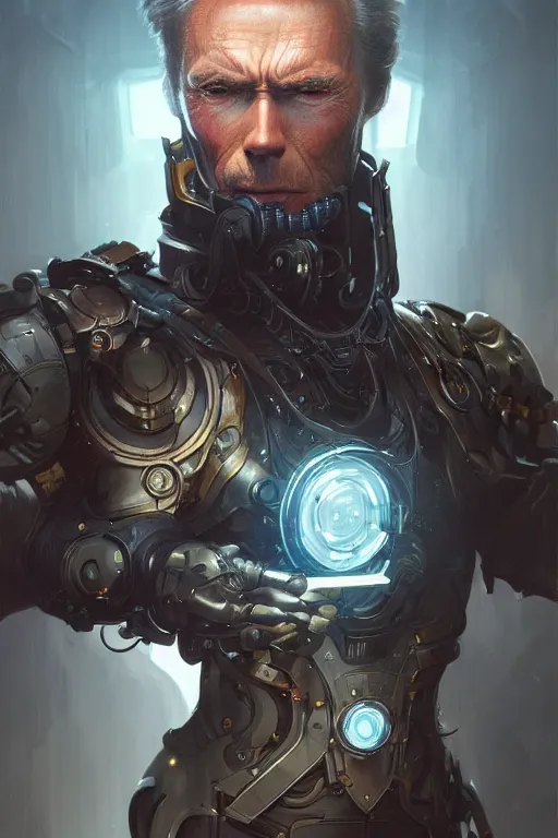 Image similar to clint eastwood cyborg, portrait, western, steampunk, duster, fantasy, intricate, elegant, highly detailed, digital painting, artstation, concept art, sharp focus, illustration, art by artgerm and greg rutkowski and alphonse mucha