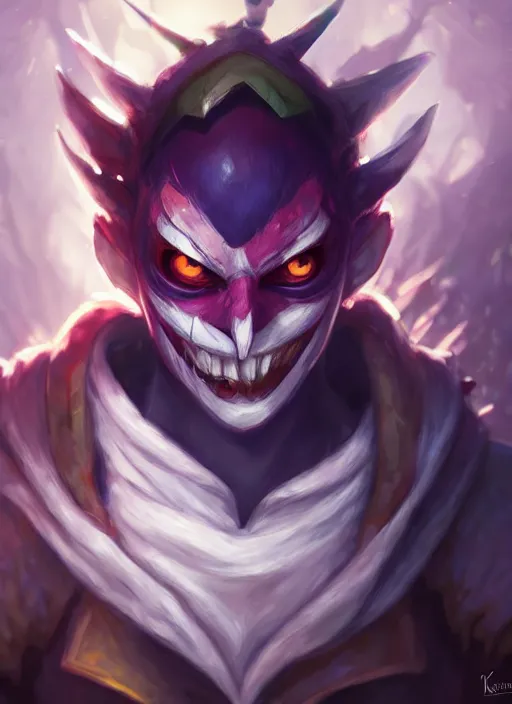 Prompt: shaco from league of legends, half body shot, path traced, realistic, highly detailed, high quality, digital painting, hd, alena aenami, lilia alvarado, shinji aramaki, karol bak, alphonse mucha, tom bagshaw