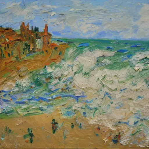 Prompt: oil paint impasto relief, beautiful italian beach scene, multi layered thick brush marks, some splattered paint, in the style of monet and frank auerbach