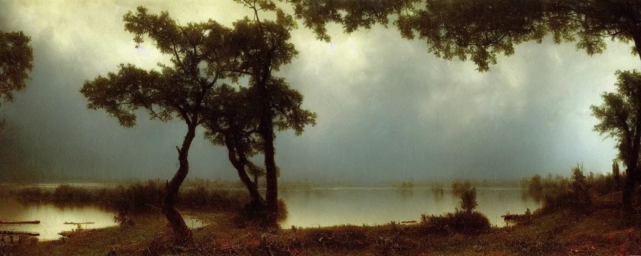 Image similar to a painting of a lake, heavy downpour, raining, by albert bierstadt