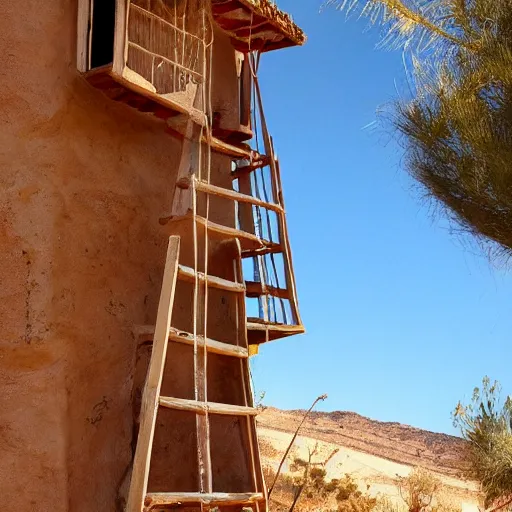 Image similar to Andalusian tree house in the desert, ladder, Pixar, sparkly